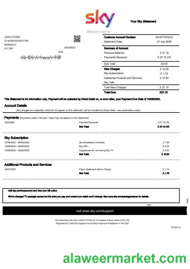 United Kingdom Sky utility bill statement template in Word and PDF format